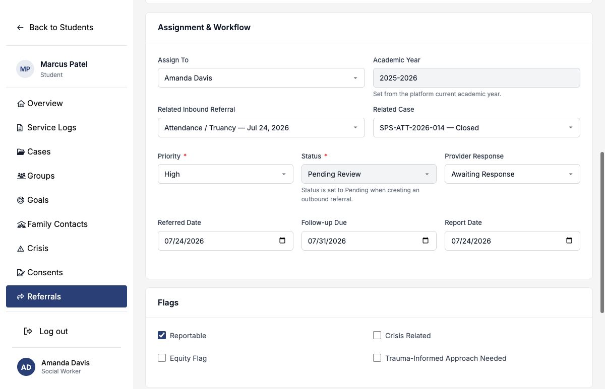 Outbound referral linked to an inbound referral and attendance case with follow-up planned
