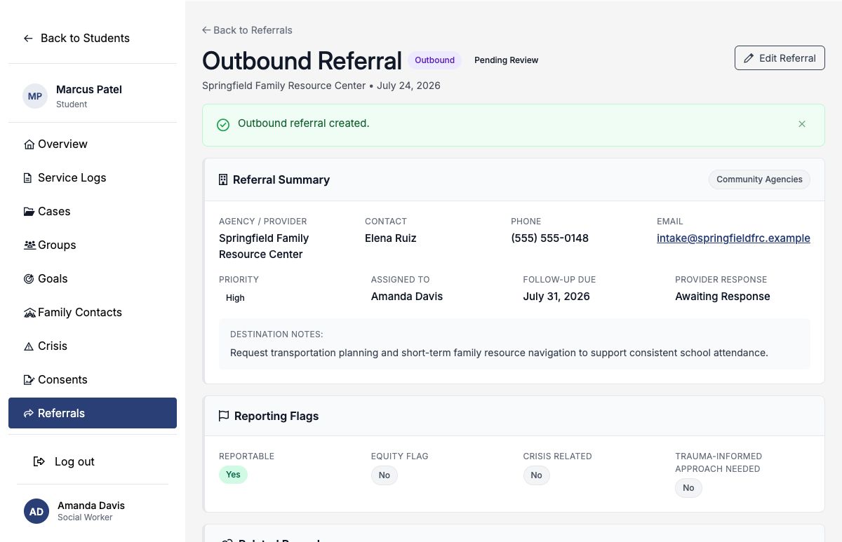 Saved outbound referral detail with a follow-up due date