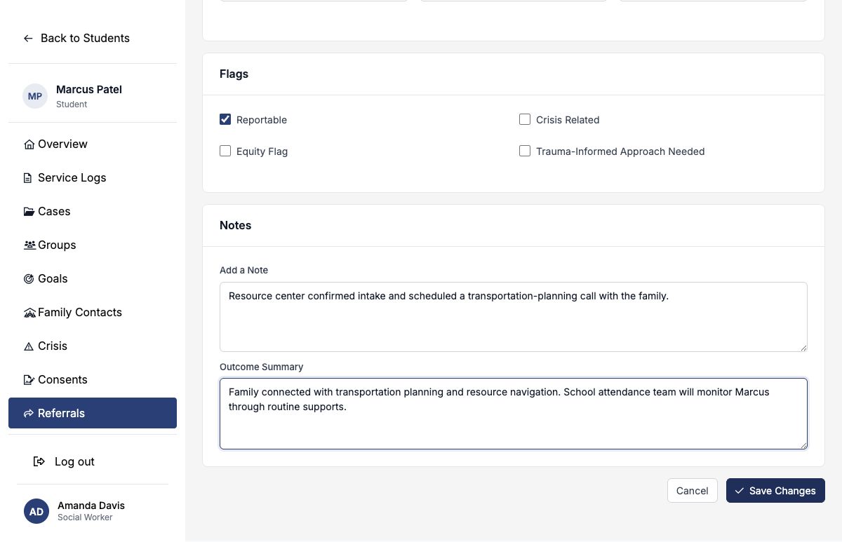 Outbound referral update set to completed and connected with an outcome note