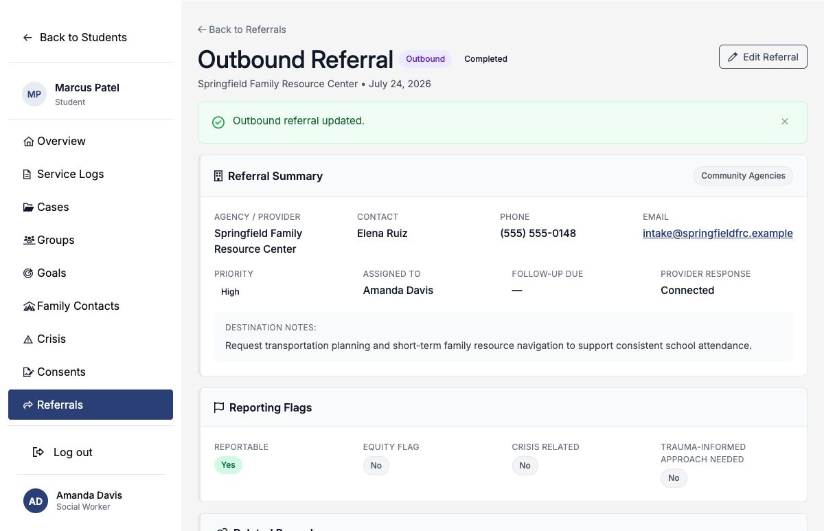 Completed outbound referral with outcome and history
