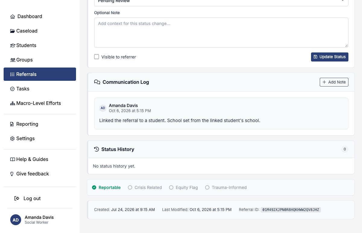 Referral communication log with the note “Linked the referral to a student. School set from the linked student’s school.”