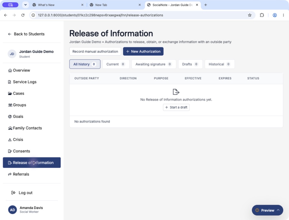Demo student's Release of Information list with history filters and New Authorization action