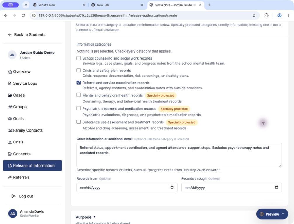 Referral and service coordination records selected with a description limiting the authorized information