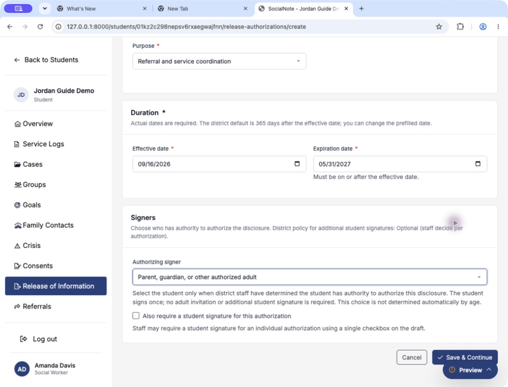 ROI effective and expiration dates with adult authorizing signer selected and optional student signature unchecked