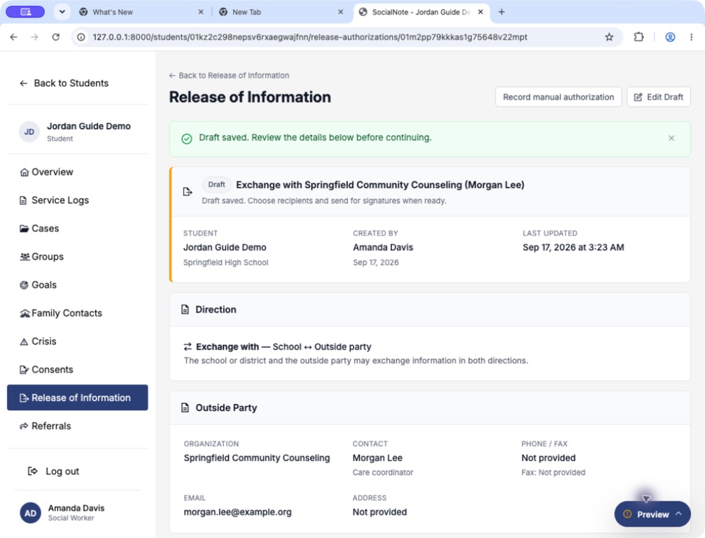 Saved ROI draft showing Draft status, Exchange with direction, and outside party summary