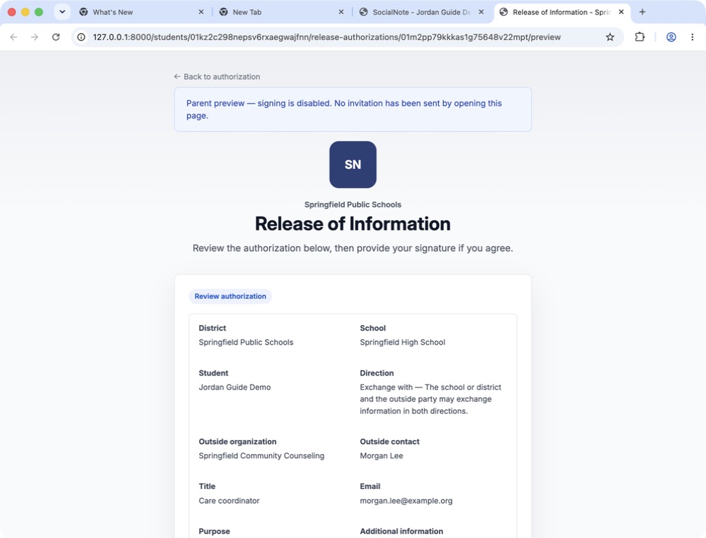 Read-only parent preview showing the authorization document, student, direction, and fictional provider