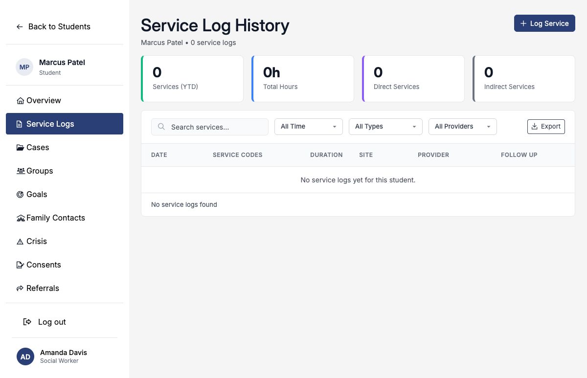 Marcus Patel's Service Logs tab before the example service is entered