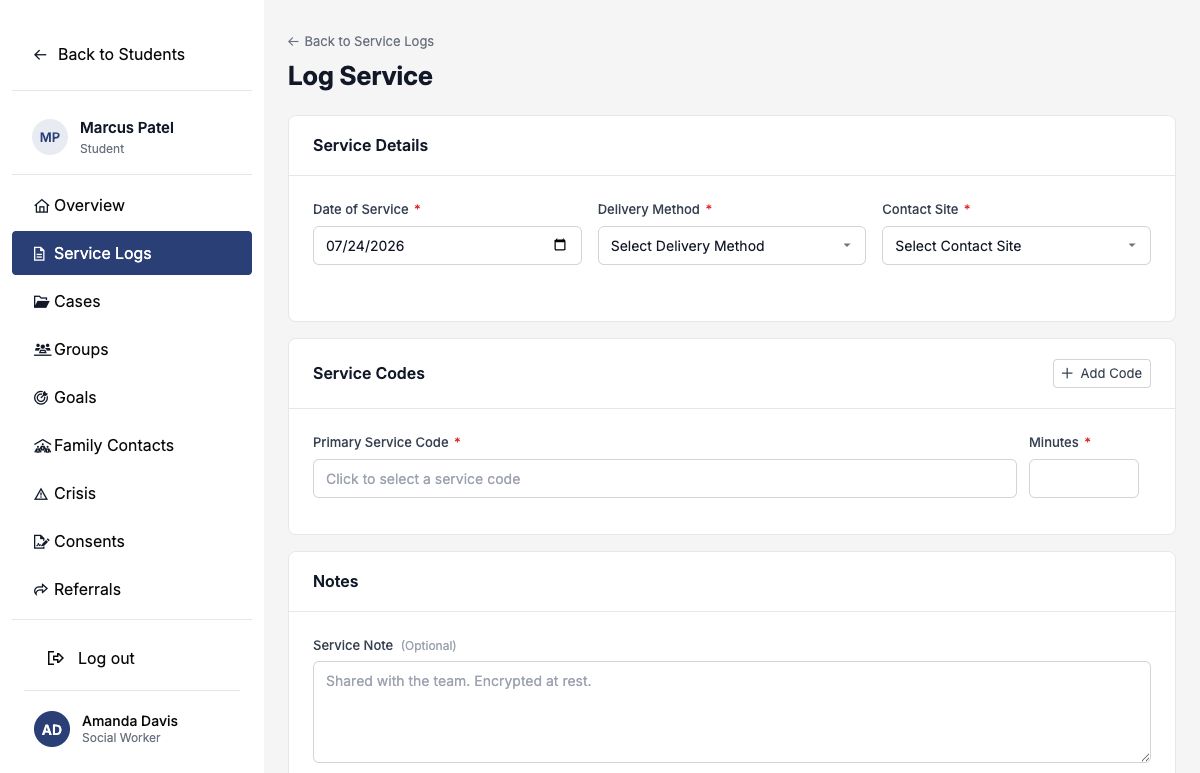New Service Log form showing date, delivery method, and contact site fields