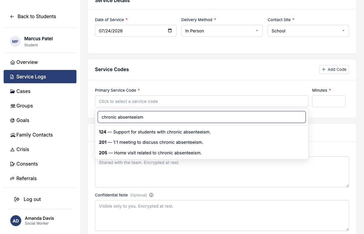 Service code selector searching for chronic absenteeism and showing matching codes