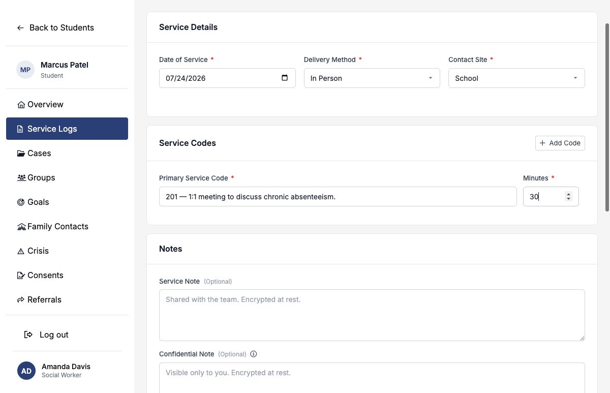 Service log with code 201 selected for a 30-minute in-person service at school