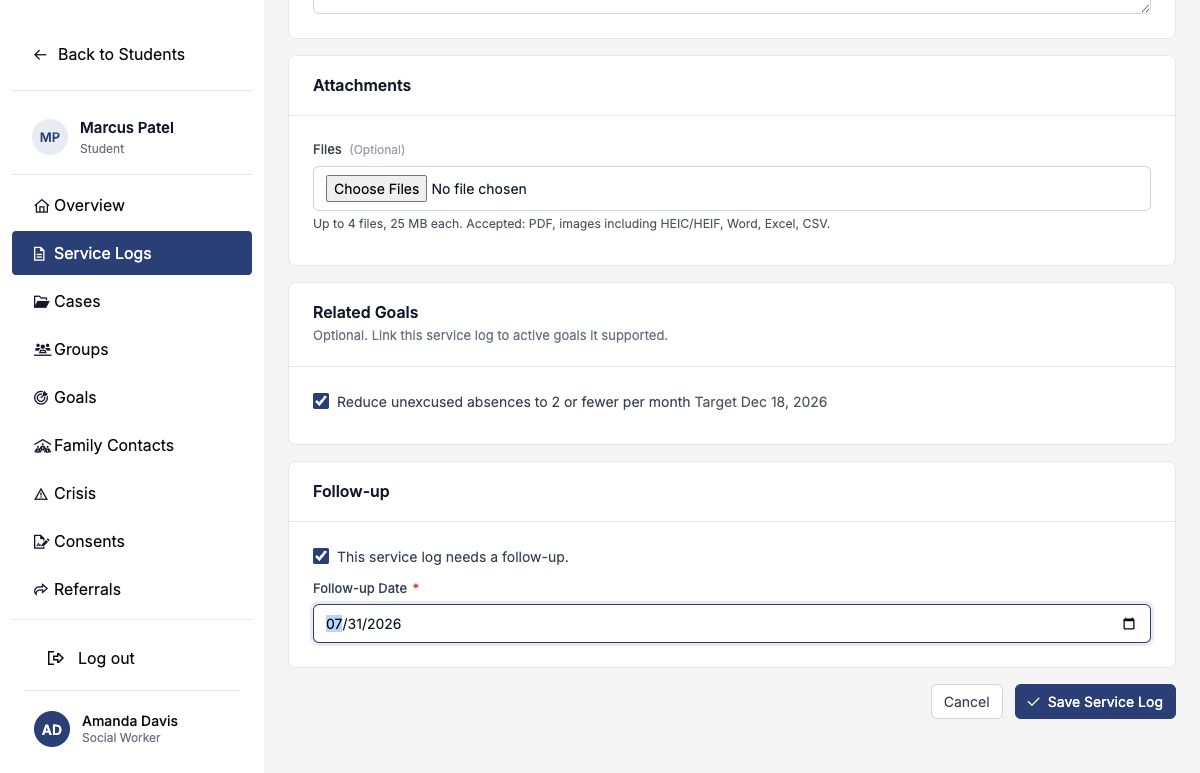 Lower service log form with the related attendance goal and follow-up date selected