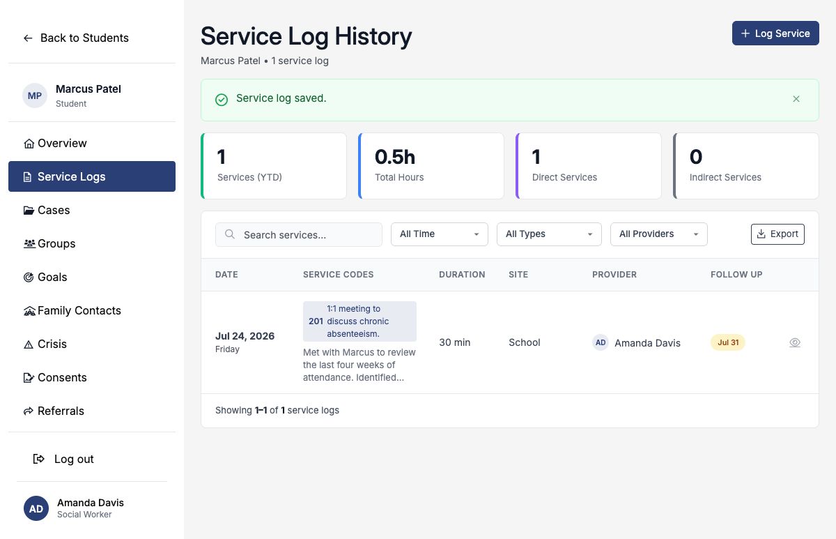 Service Logs history showing the completed attendance service