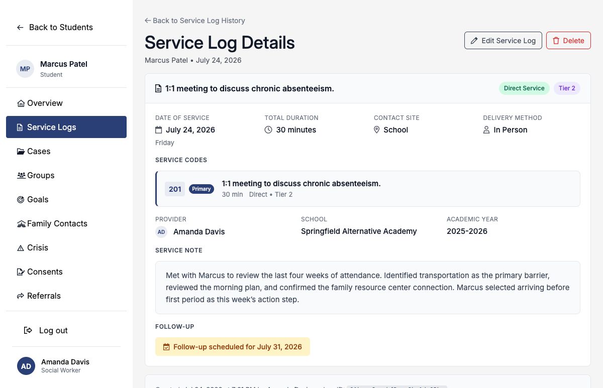 Saved service log detail for Marcus Patel