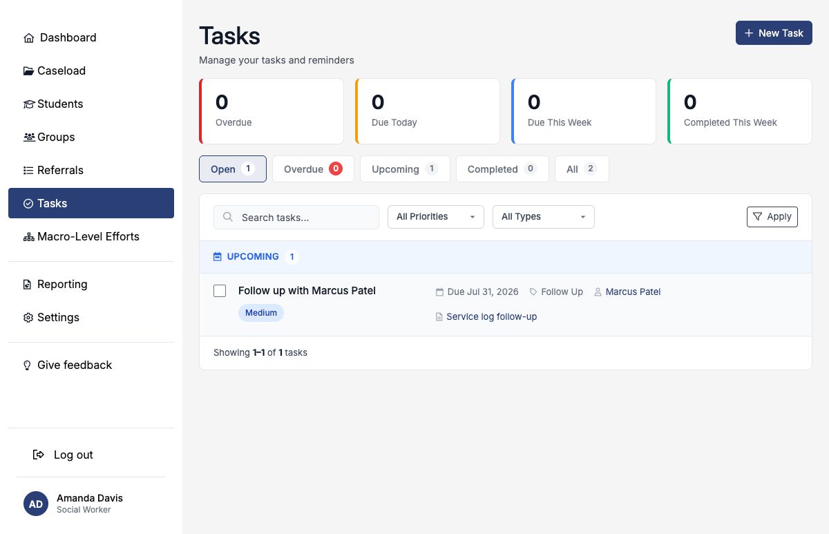 Tasks workspace showing a student follow-up generated from a service log